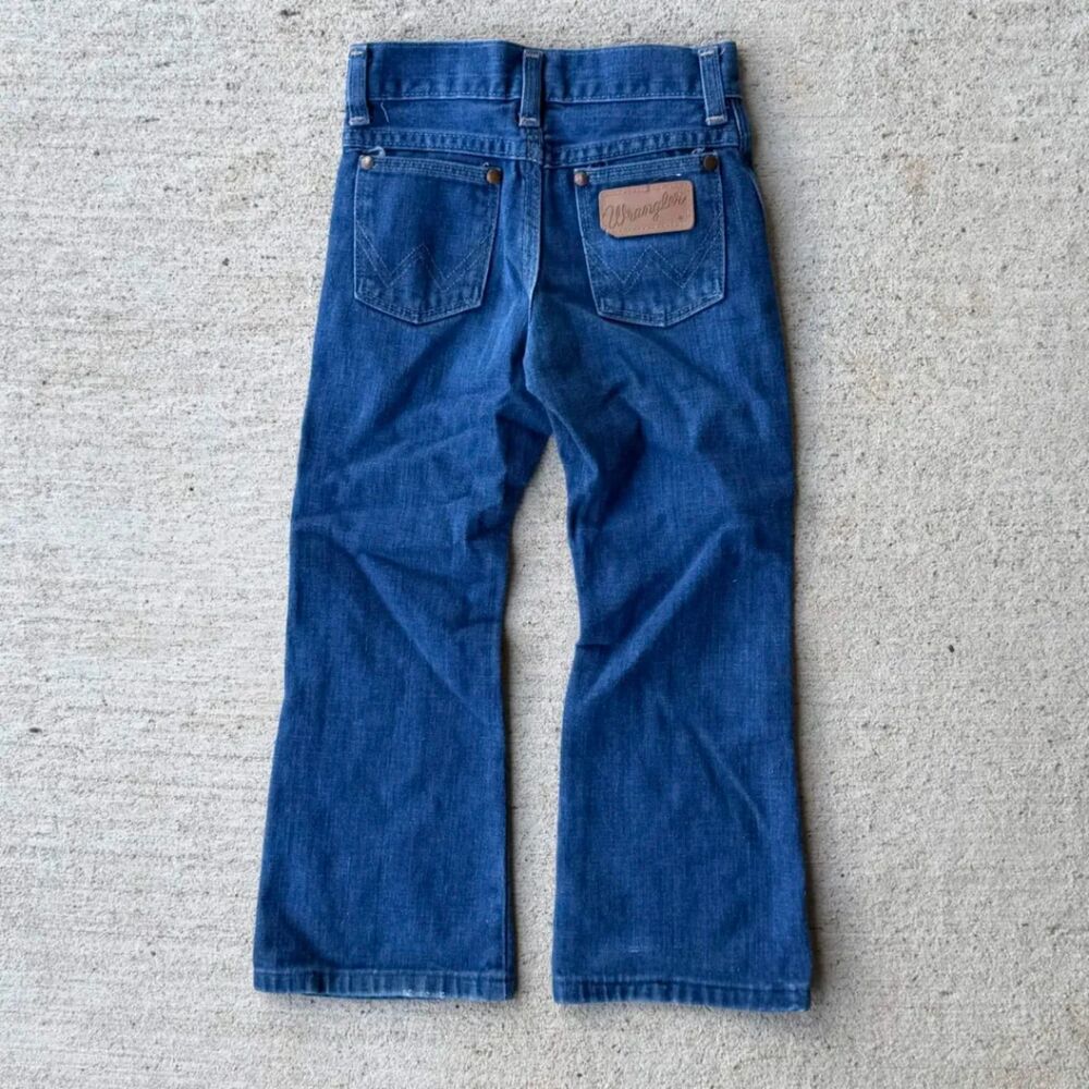 Vintage 70s Wrangler Kids Bootcut Jeans Size 5 Scovill Zip Dark Wash Denim
